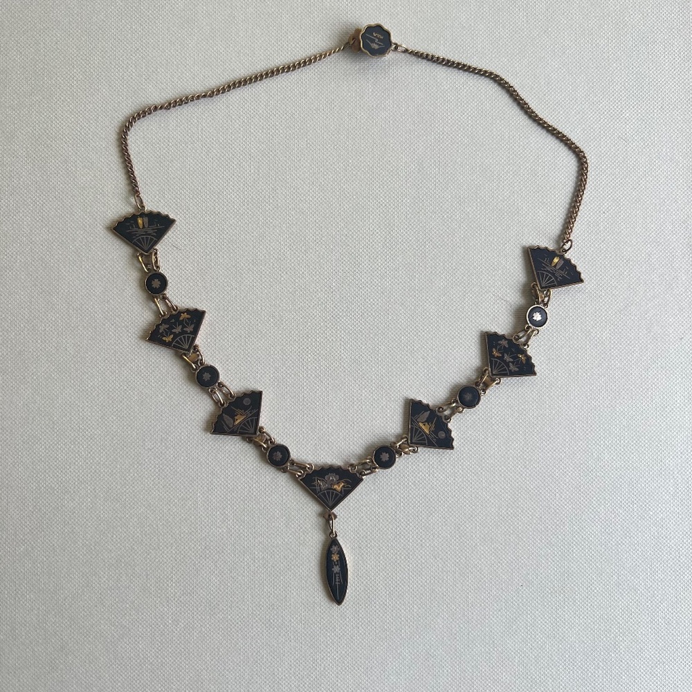 Vintage Damascene K24 Fan Necklace